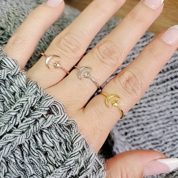 Moon Star Ring, Thin Crescent Moon Ring, Sterling Silver Women Ring, Boho Chic, - Picture 8 of 10